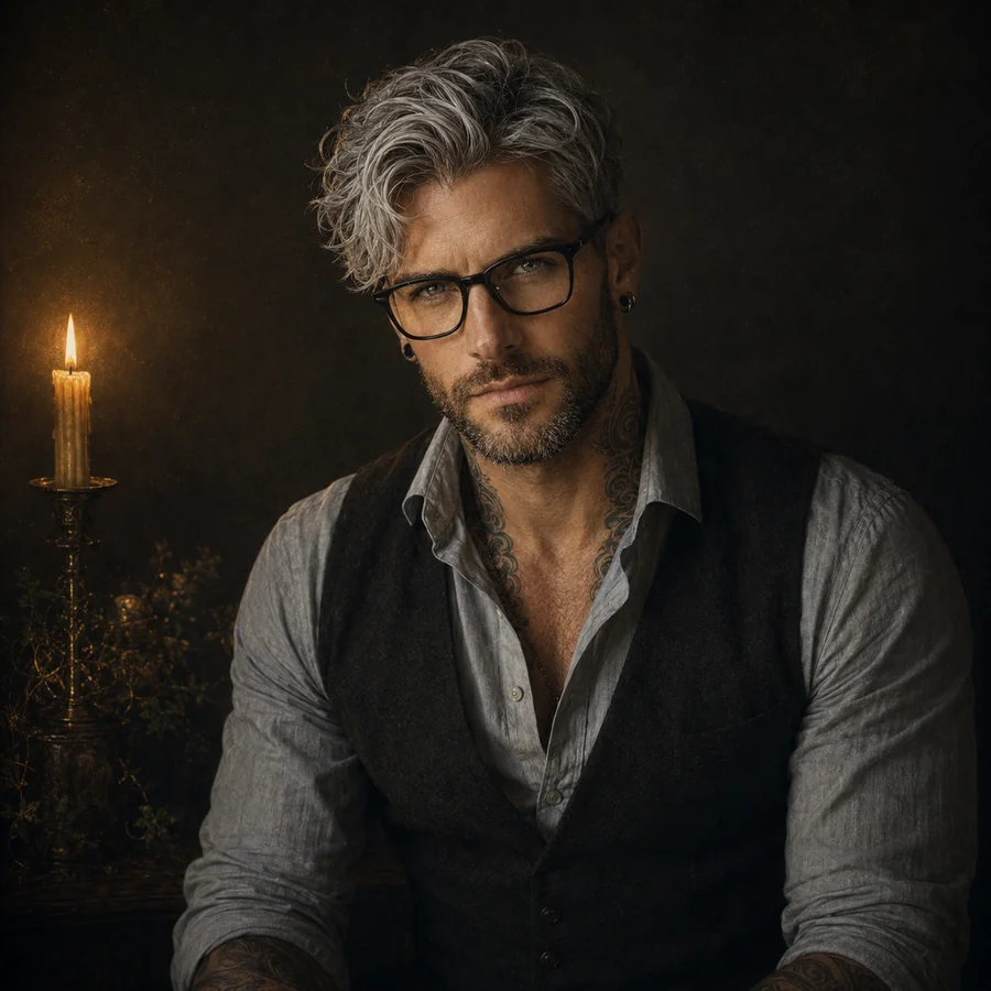 Ash — silver-haired, tattooed, steady gaze behind dark-framed glasses.