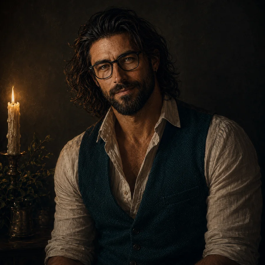 Lysander — dark-haired, bearded, glasses, in a teal vest by candlelight.