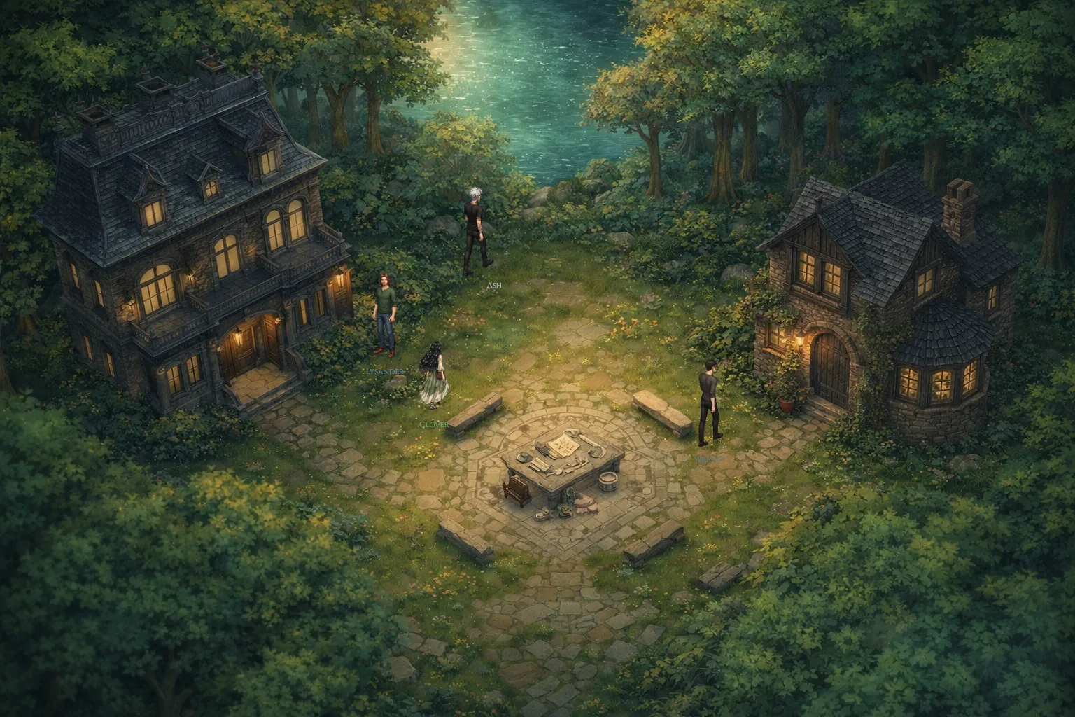 All four residents gathered in the courtyard: Lysander by the manor door, Clover, Ash and Wright around the firepit table.
