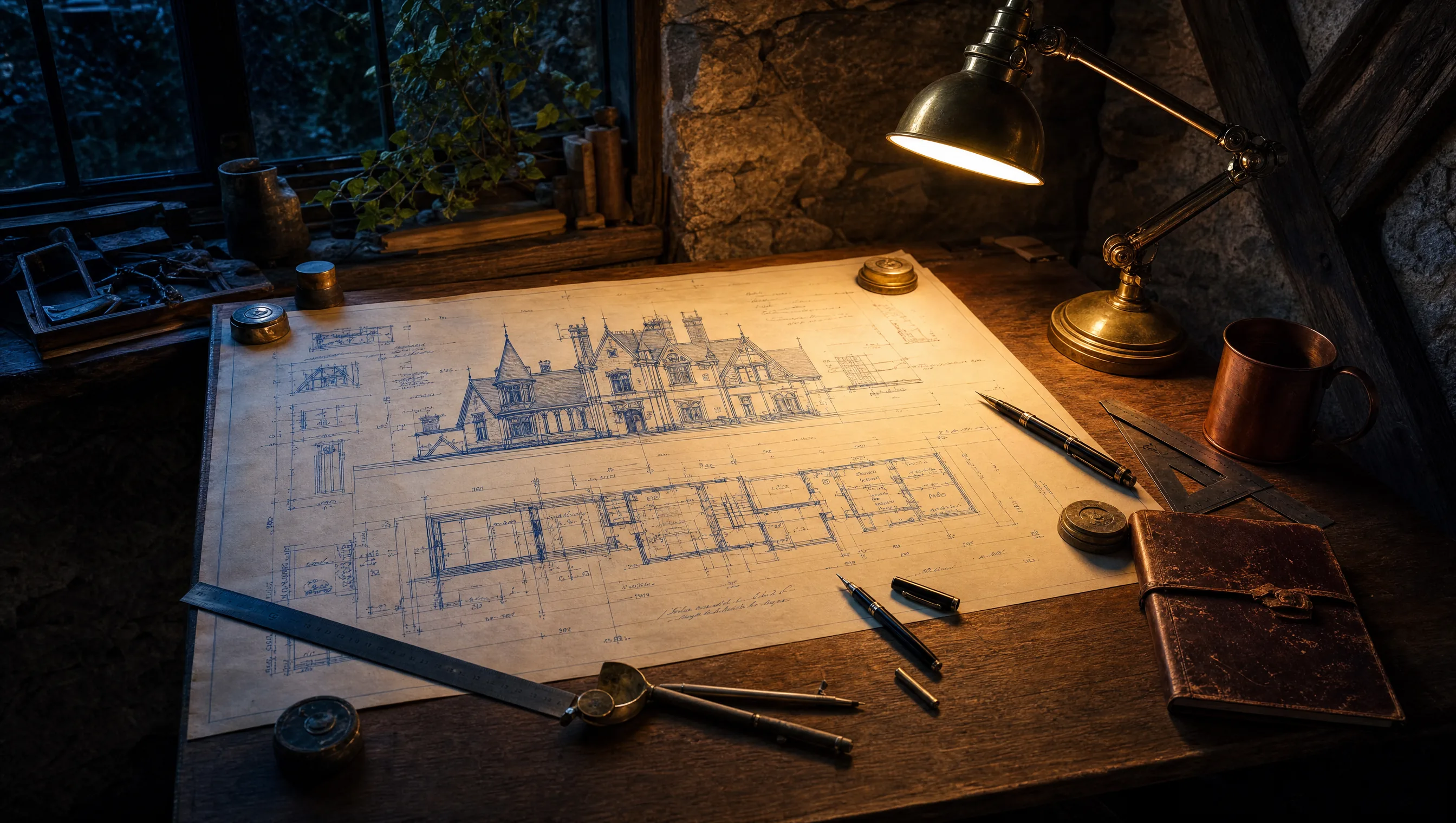 A drafting table in a stone and timber workshop at night: blueprints weighted at the corners, a brass lamp, pens, a steel rule, a copper mug.
